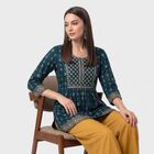 Women's Teal Round Neck Printed A-Line Kurti, टील ब्लू, small