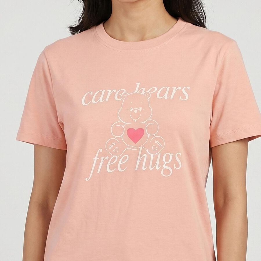 Women's Pink Round Neck Graphic Print Regular T-Shirt, Light Pink, large