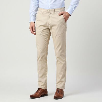 Men's Beige Slim Fit Textured Chino Trousers