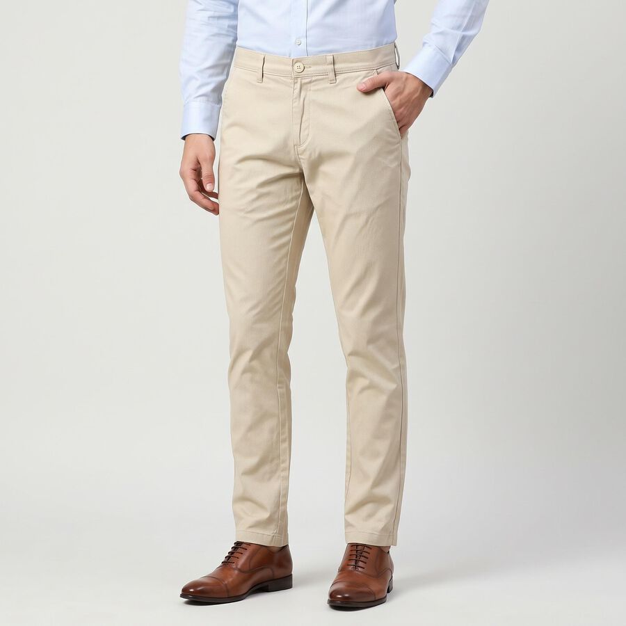 Men's Beige Slim Fit Textured Chino Trousers, गहरा पीला, large