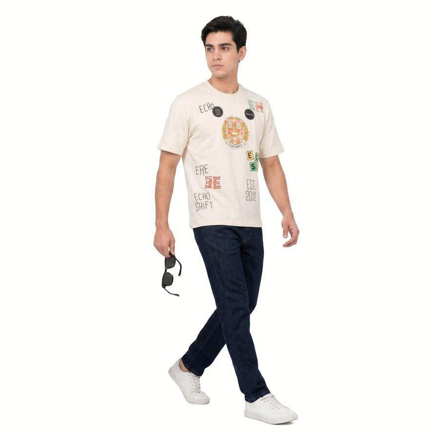 Men's White Cotton Round Neck Regular T-Shirt, Off White, large