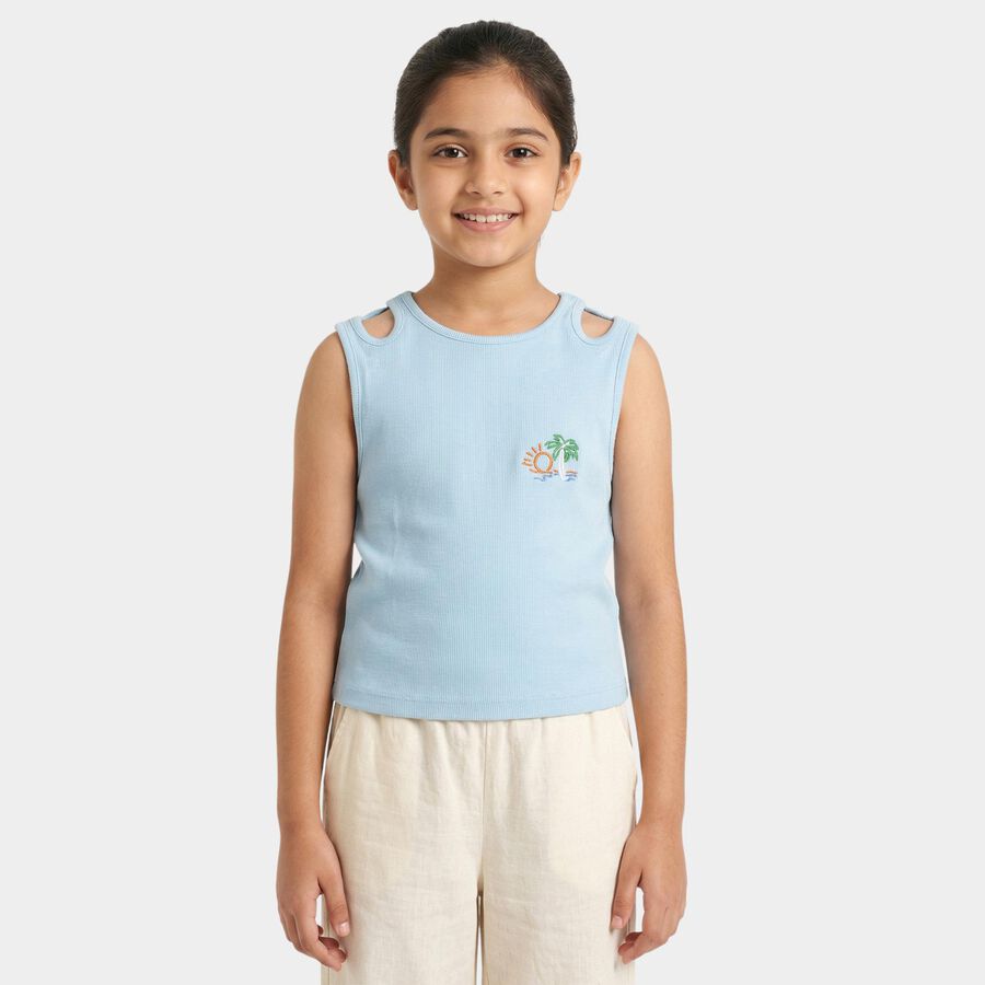 Girls Light Blue Round Neck Casual T-Shirt, हल्का नीला, large