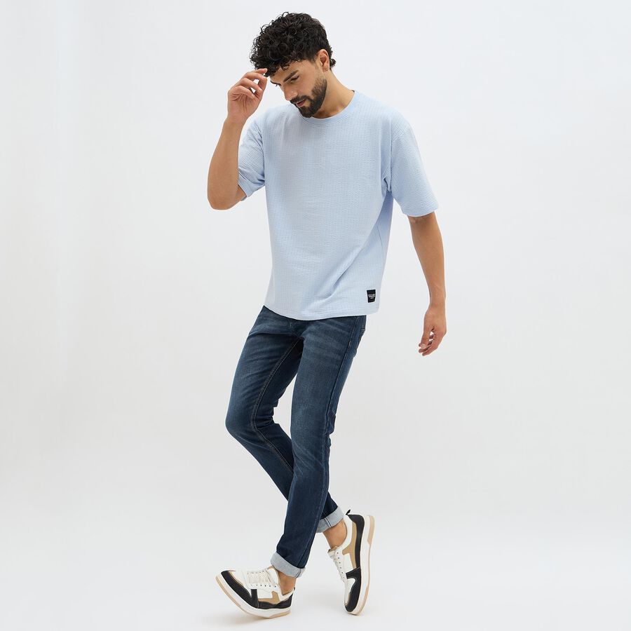 Men's Dark Indigo Slim Fit Whisker Faded Jeans, गहरा नीला, large image number null