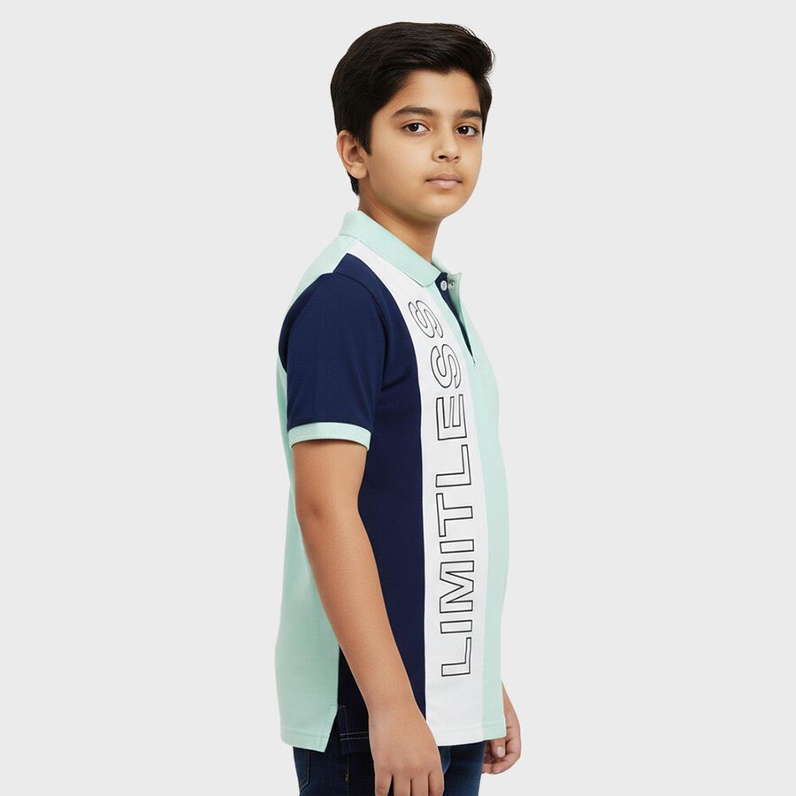 Boys Mint Green Cotton Polo Neck Graphic T-Shirt, Light Green, large