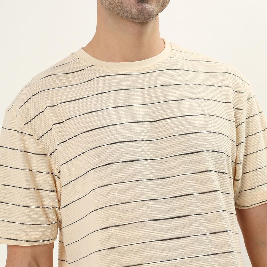 Men's Off-White Round Neck Casual Striped T-Shirt, Off White, large