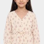 Girls' Off White V-Neck Tiered Dress, ऑफ व्हाइट, small