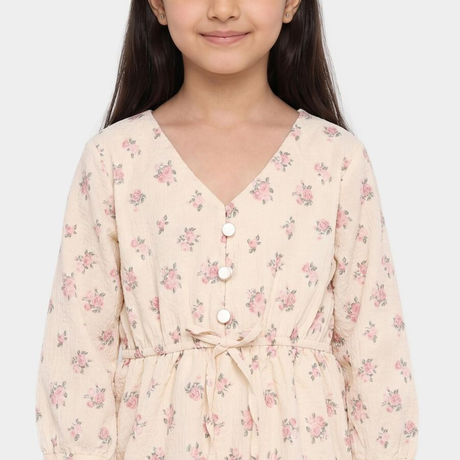 Girls' Off White V-Neck Tiered Dress, ऑफ व्हाइट, large