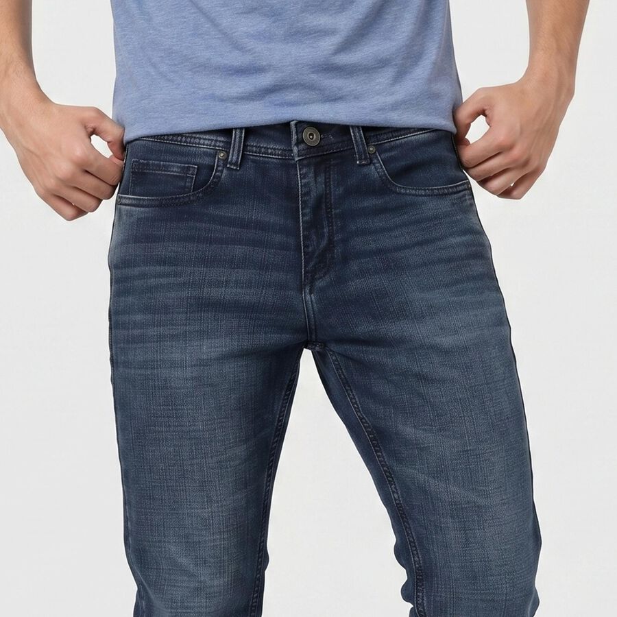 Men's Navy Blue Slim Fit Washed Jeans, Dark Blue, large
