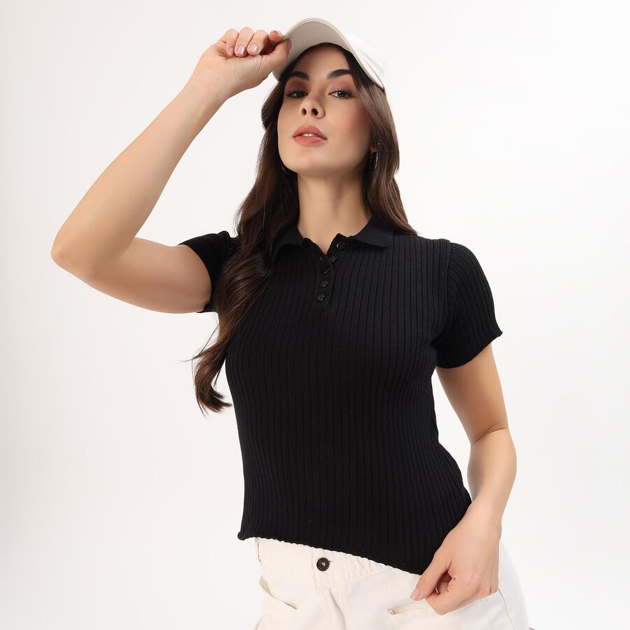 Women's Jet Black Cotton Round Neck Casual Top, Black, large