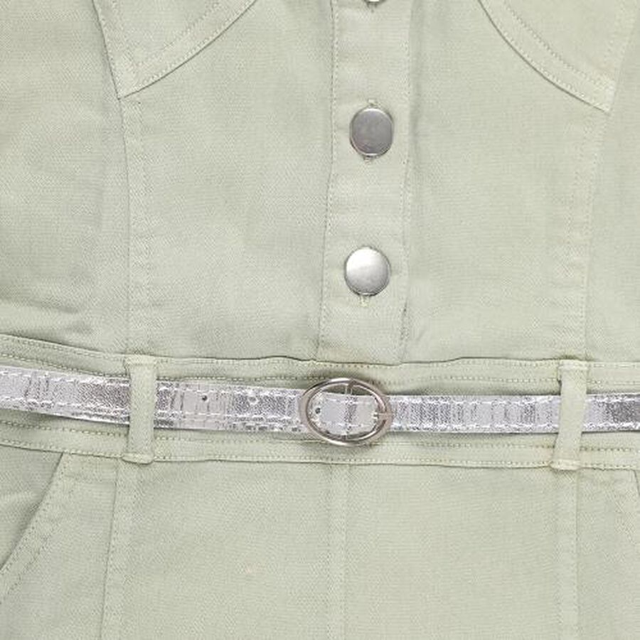 Girls' Light Sage Green Button-Down Collared Frock with Belt, Light Green, large image number null