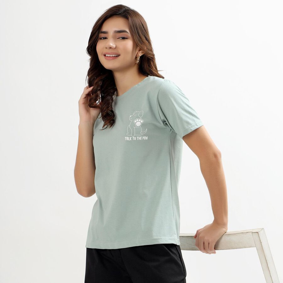 Women's Light Sage Green Round Neck Casual T-Shirt, Light Green, large