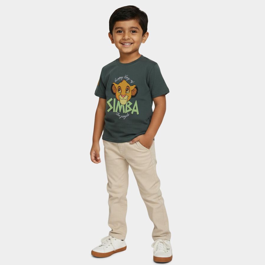 Boys' Olive Cotton Round Neck Simba Printed T-Shirt, ओलिव, large