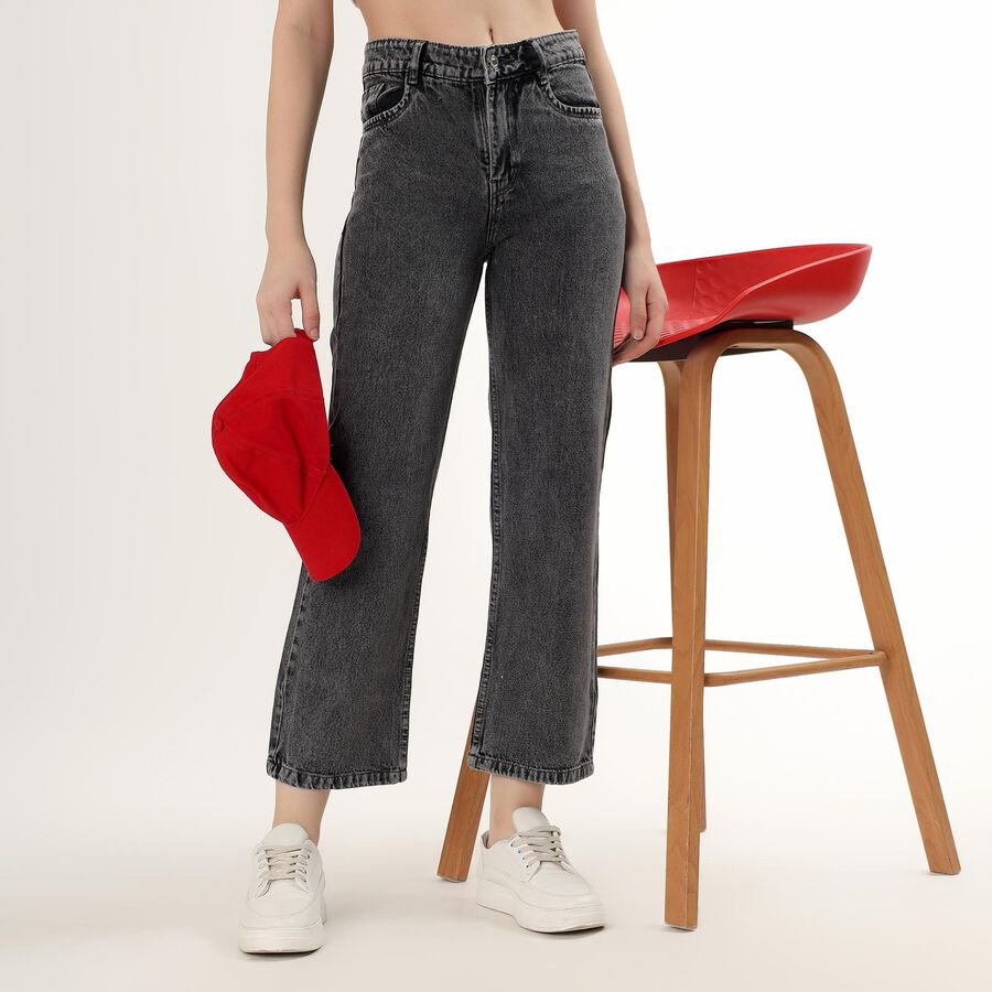Women's Washed Charcoal Black Wide-Leg High-Rise Jeans, Dark Grey, large image number null