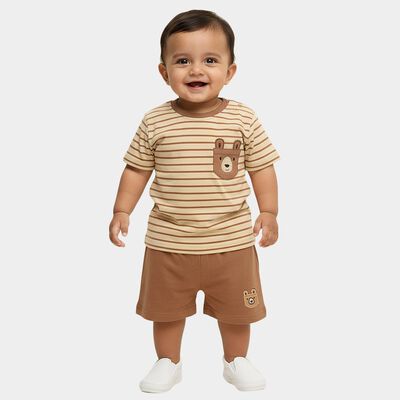 Infants' Beige Cotton Round Neck Short Sleeve Baba Suit