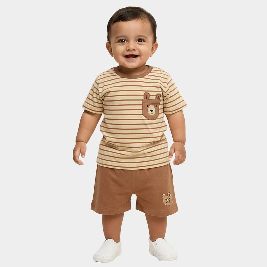 Infants' Beige Cotton Round Neck Short Sleeve Baba Suit, Beige, large