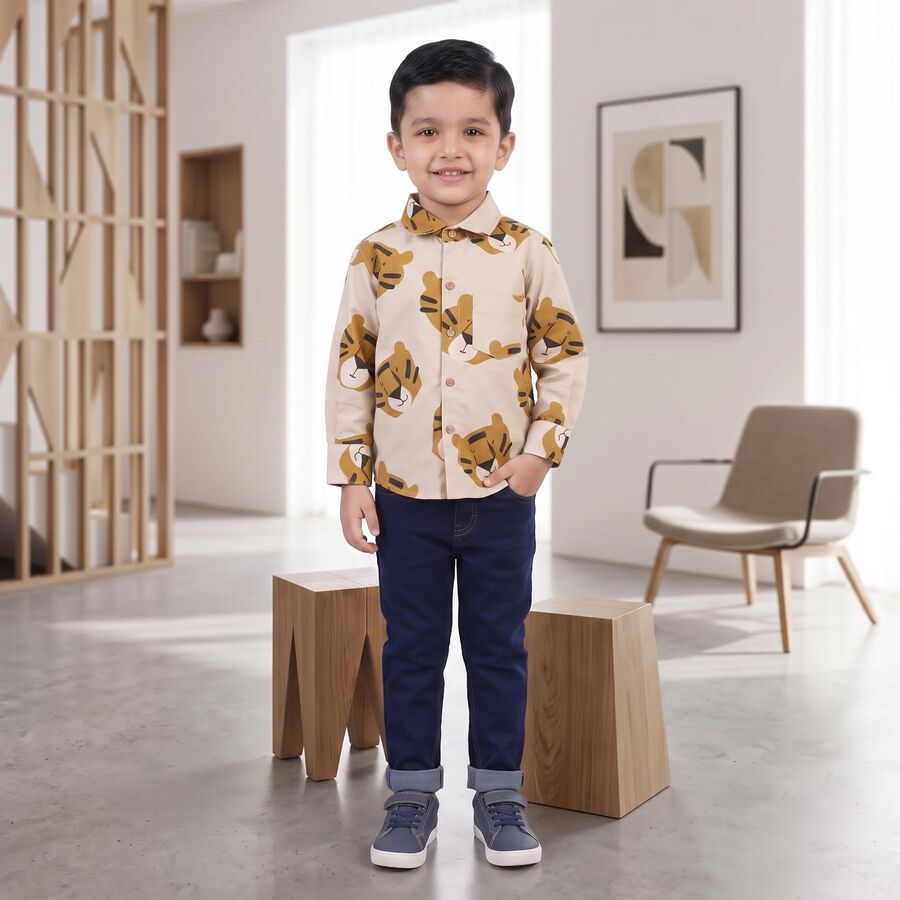Boys Beige Cotton Long Sleeve Collar Shirt, गहरा पीला, large