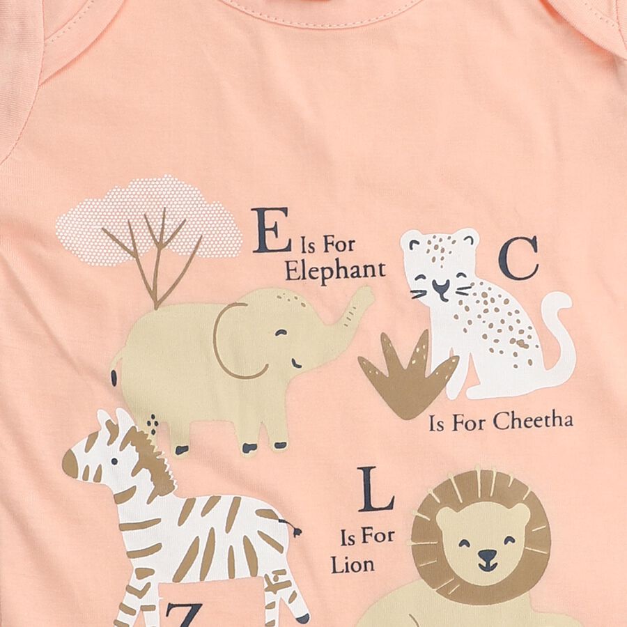Infants' Peach Cotton Round Neck Animal Print Baba Suit, Peach, large image number null
