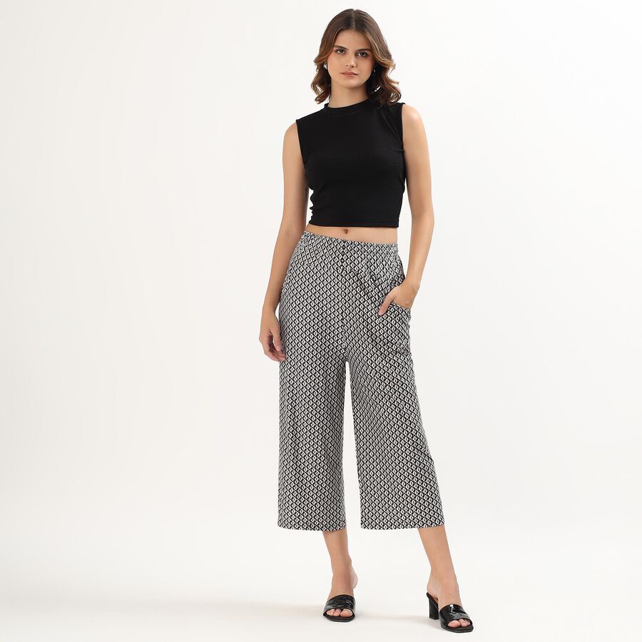 Women's Black And White High-Rise Printed Wide-Leg Trousers, काला, large image number null