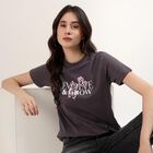 Women's Dark Grey Round Neck Casual T-Shirt, Dark Grey, small