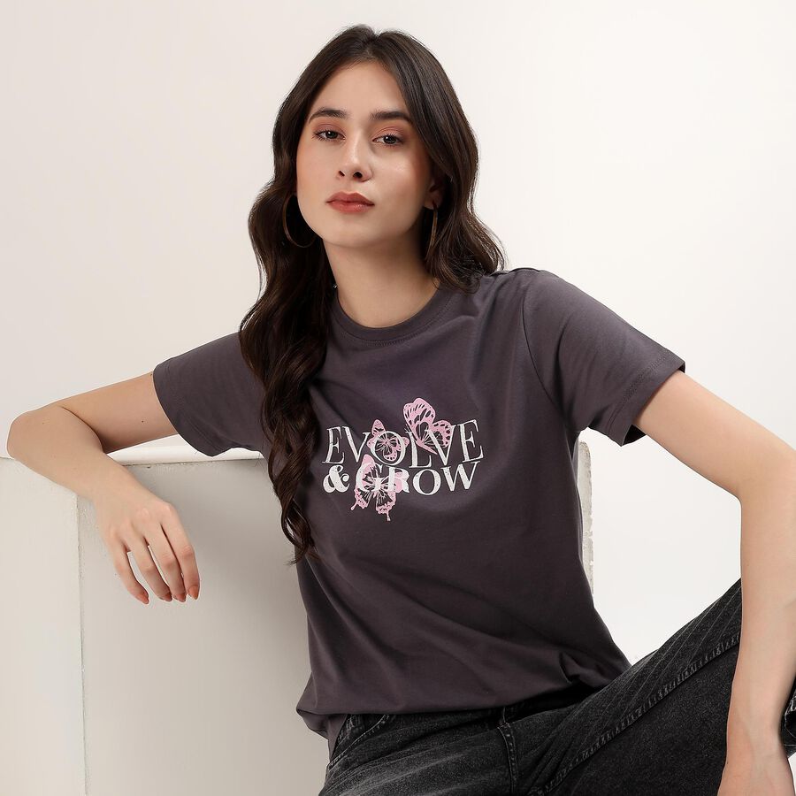 Women's Dark Grey Round Neck Casual T-Shirt, Dark Grey, large