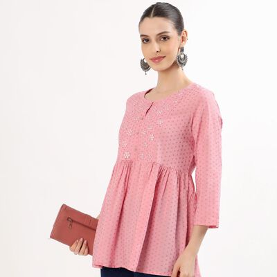Women's Soft Dusty Pink Round Neck Embroidered Kurti