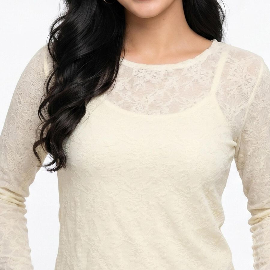 Women's Cream Round Neck Regular Top, ऑफ व्हाइट, large