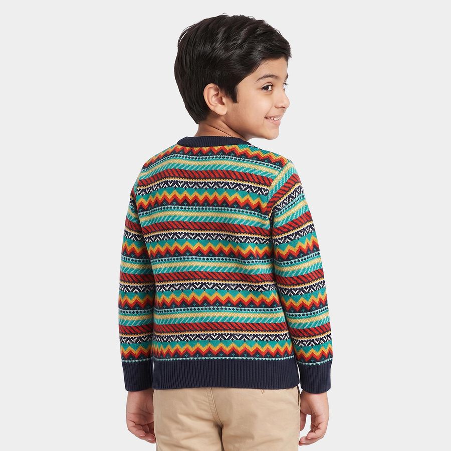 Boys' Navy Blue Crew Neck Printed Pullover, नेवी ब्लू, large