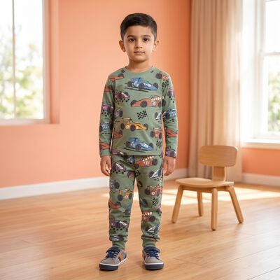 Boys Green Cotton Round Neck Baba Suit