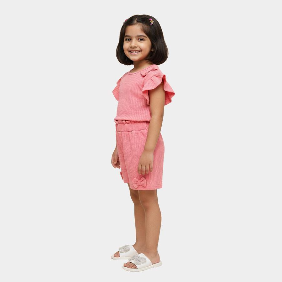 Girls Bright Coral Pink Ruffle Sleeve Top and Shorts Set, गुलाबी, large