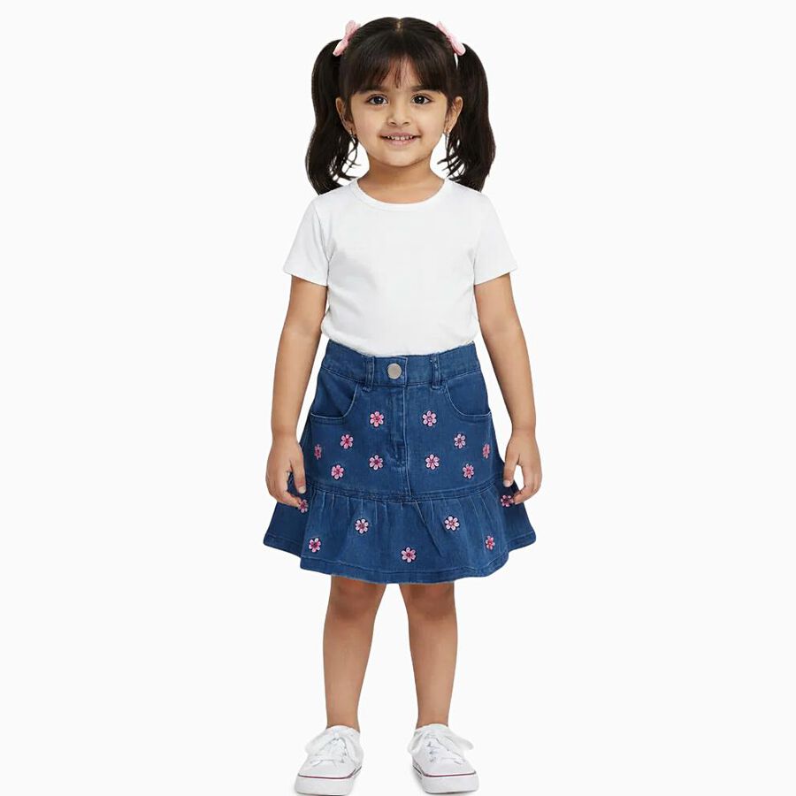 Girls' Deep Denim Blue Embroidered Flared Skirt, मध्यम नीला, large