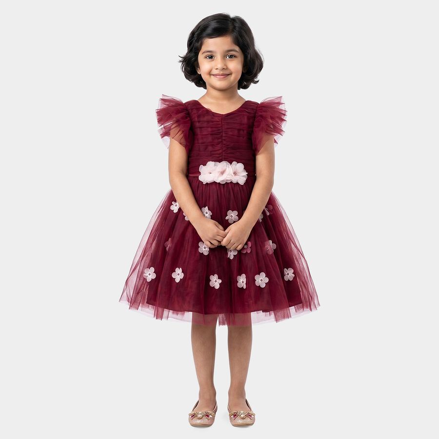 Girls' Wine Fit and Flare Floral Applique Party Wear Frock, वाइन, large