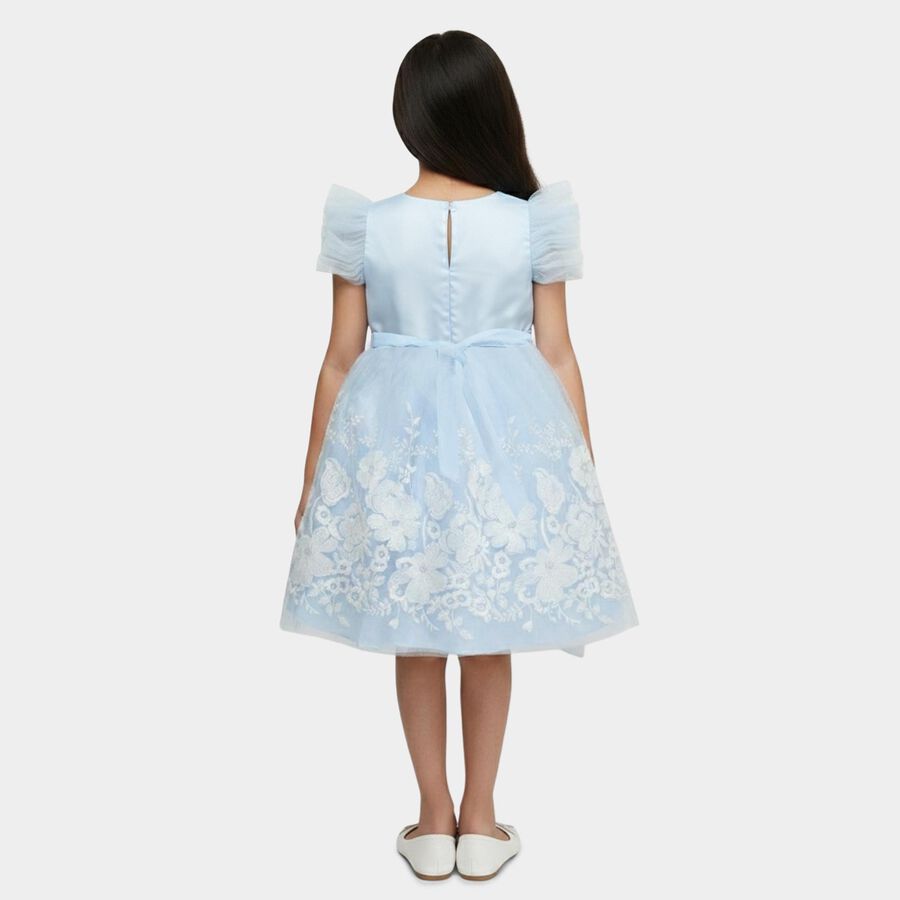 Girls' Light Blue Regular Fit Lace Trim Pocket Frock, हल्का नीला, large