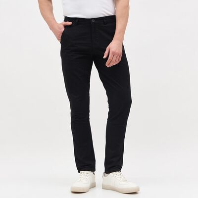 Men's Jet Black Slim Fit Flat-Front Casual Trousers