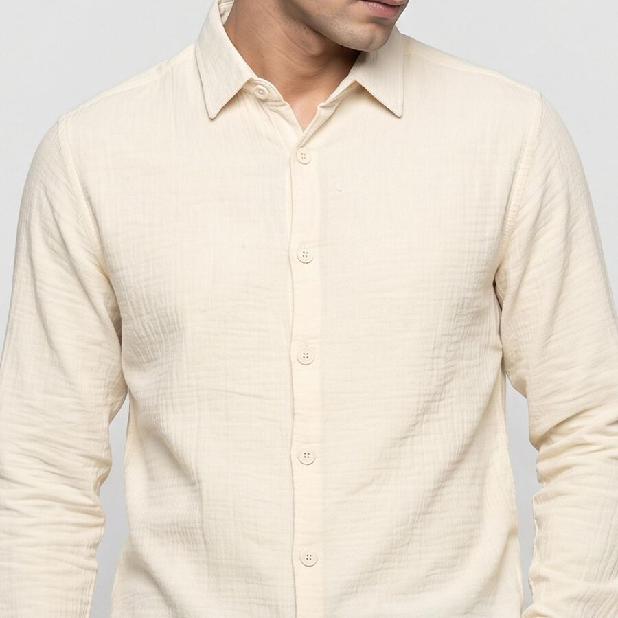 Men's Cream Cotton Long Sleeve Collar Shirt, Off White, large