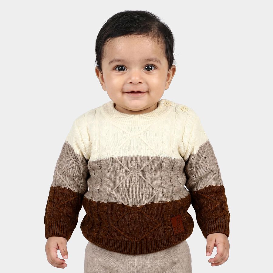 Infants Brown Crew Neck Knitted Design Pullover, भूरा, large