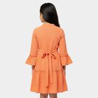 Girls' Orange Round Neck Textured Fit and Flare Dress, Orange, small