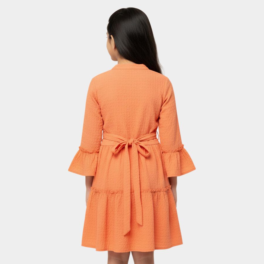 Girls' Orange Round Neck Textured Fit and Flare Dress, Orange, large