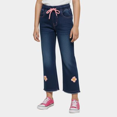 Girls' Stonewashed Blue Wide Leg Floral Embroidered Jeans