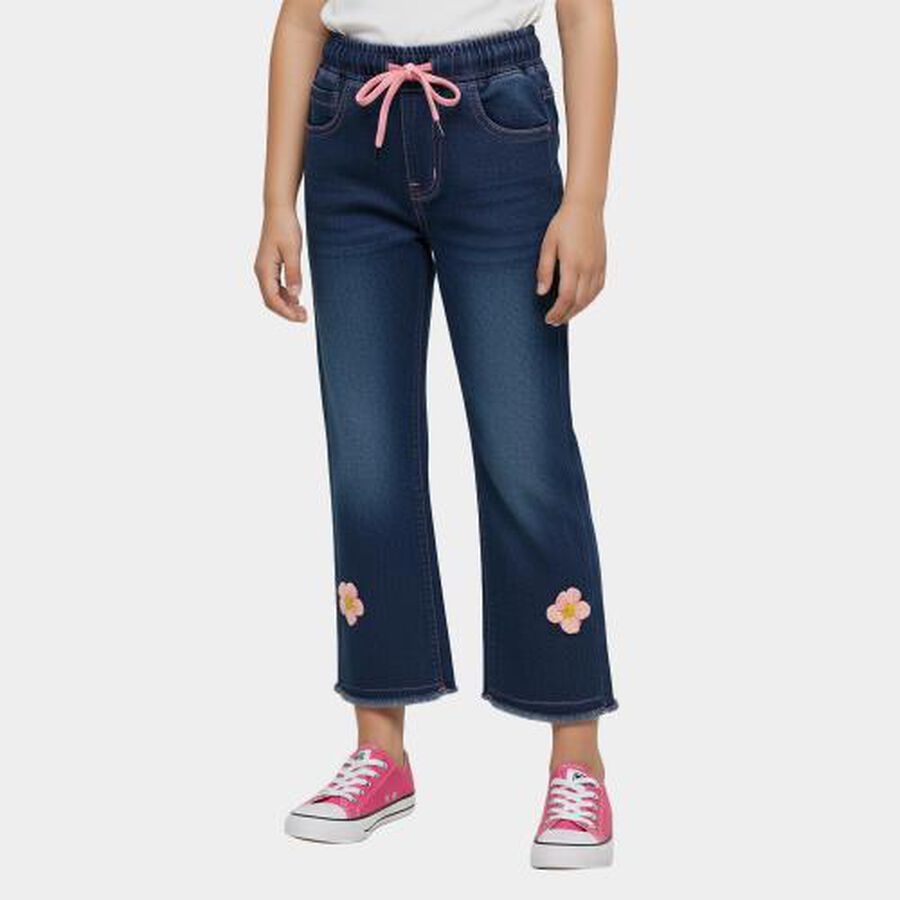 Girls' Stonewashed Blue Wide Leg Floral Embroidered Jeans, मध्यम नीला, large image number null
