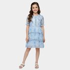 Girls' Blue Round Neck Sleeveless Tiered Dress, Mid Blue, small