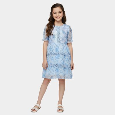 Girls' Blue Round Neck Sleeveless Tiered Dress