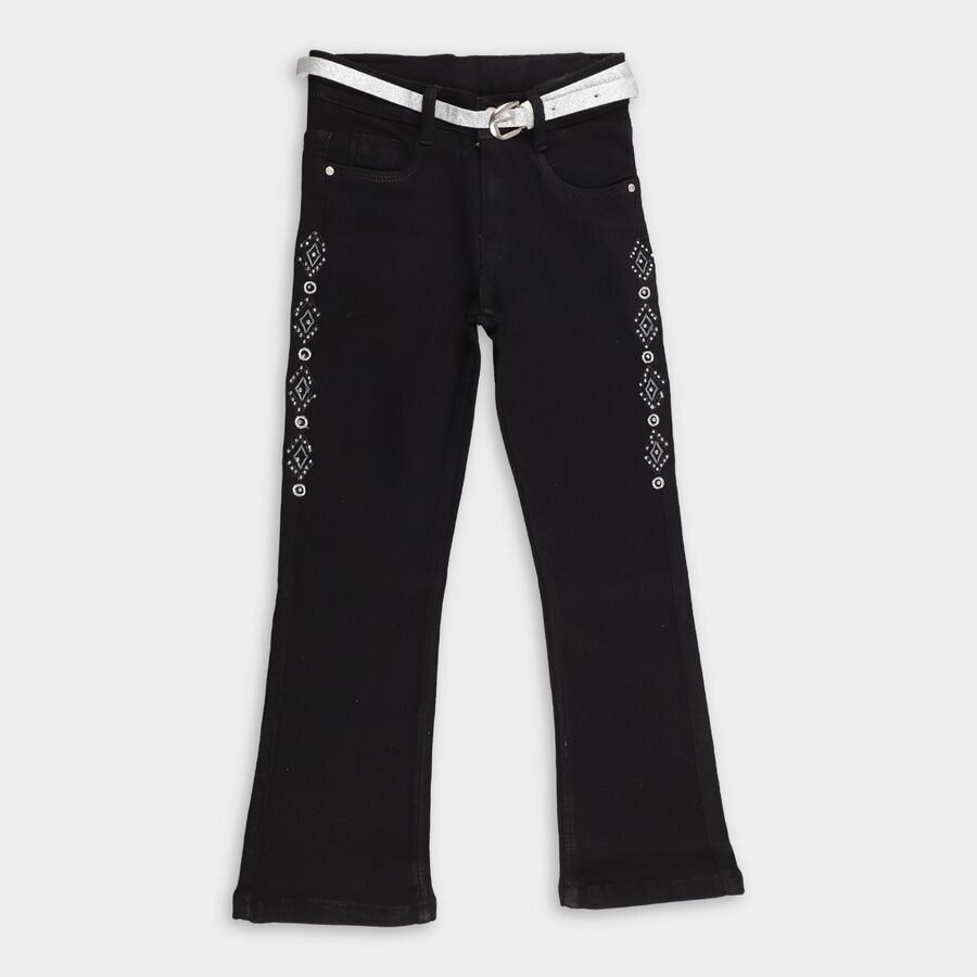 Girls' Jet Black Flared Fit Embellished Jeans, Black, large image number null
