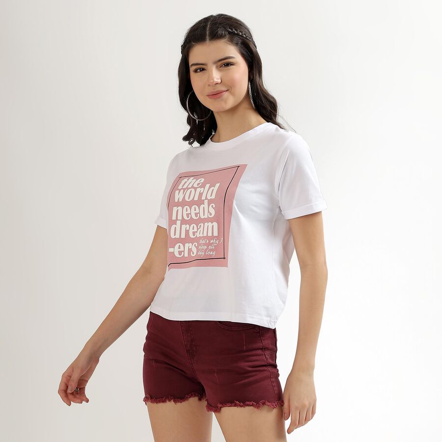 Women's Bright White Cotton Round Neck Printed T-Shirt, White, large image number null