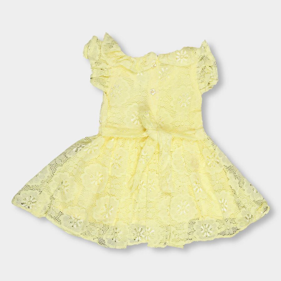 Infants' Soft Lemon Yellow Floral Lace Round Neck Party Frock, Yellow, large image number null