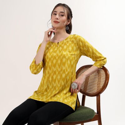 Women's Yellow Notch Neck Floral Printed Kurti