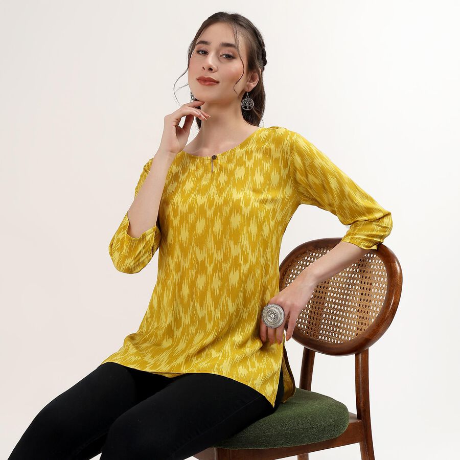 Women's Yellow Notch Neck Floral Printed Kurti, Yellow, large