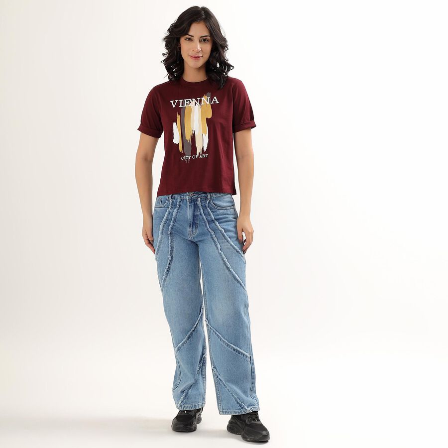 Women's Deep Maroon Round Neck Printed T-Shirt, वाइन, large image number null
