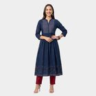 Women's Blue Cotton Mandarin Collar Printed Kurta, Navy Blue, small