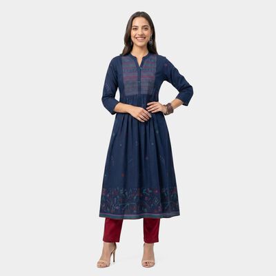 Women's Blue Cotton Mandarin Collar Printed Kurta
