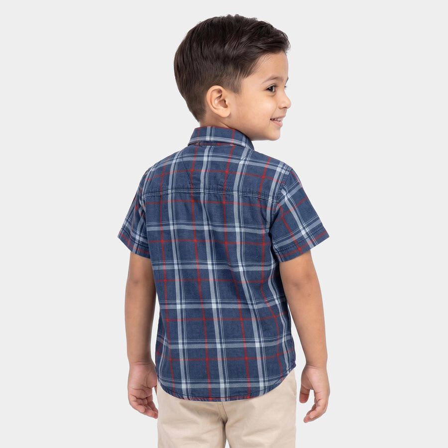 Boys Navy Blue Cotton Short Sleeves Collar Shirt, Navy Blue, large